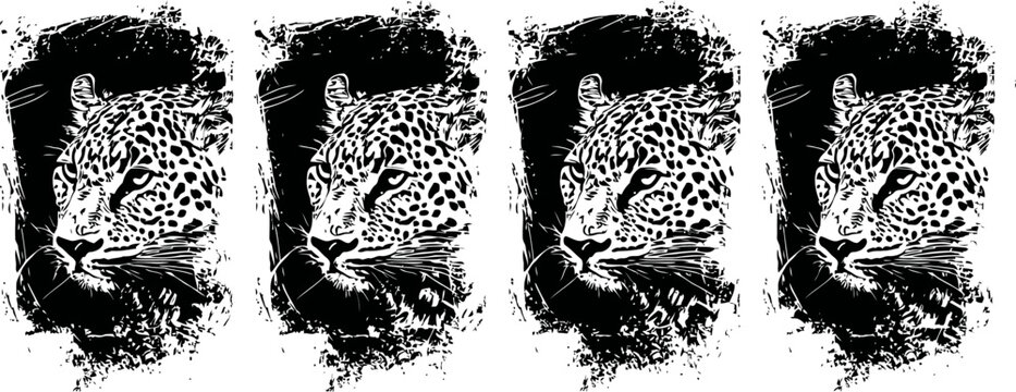 Leopard face illustration in grunge with textured paint splatter effect, wild animal portrait art