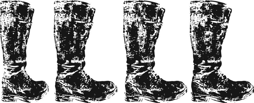 Vintage leather boots illustration set in black and white, textured worn footwear designs