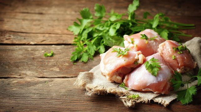 Raw chicken thighs on a rustic wooden board with fresh herbs