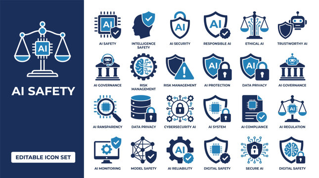 AI Safety and Ethics Icon Set featuring artificial intelligence security, compliance, data privacy, regulation, governance, and risk management flat vector icons for tech design.