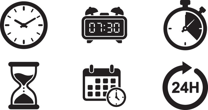 Assorted timekeeping icons as silhouettes against white background with copy space