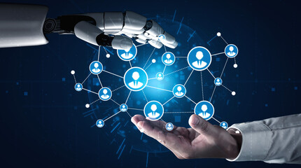 Obraz premium A captivating visual of a robotic hand reaching for a human hand, surrounded by a digital network interface, showcasing the potential of technology and collaboration. Tessel