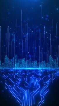 Futuristic city tech platform neon blue circuit floor, digital skyline, falling light points, deep cyber space. Perfect for technology videos, startup promos, data visuals, and innovation overlays.