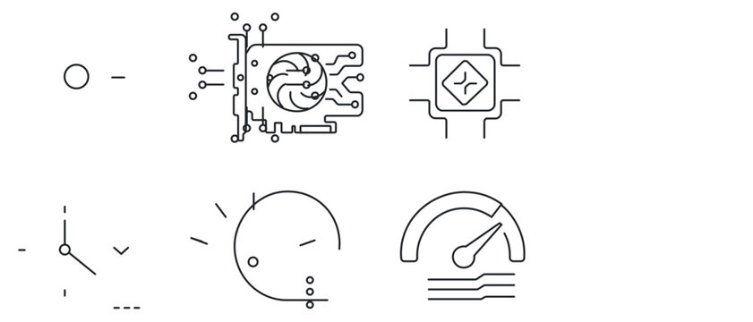 High performance hardware and GPU benchmarking vector icon set including TPU acceleration unit, circuit chip, and memory bandwidth gauge in a collection of 4 icons with editable stroke graphics.