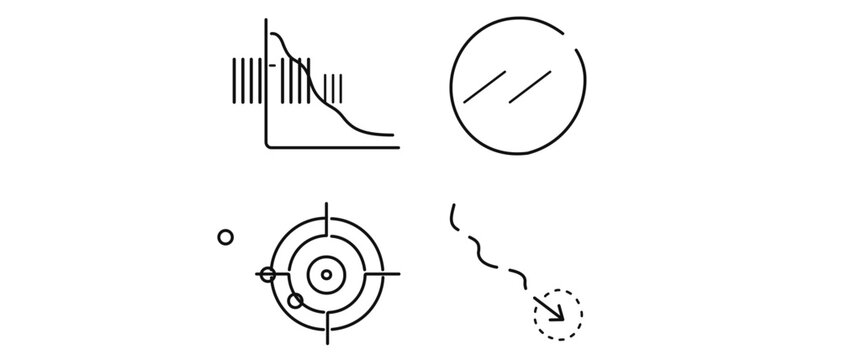 Loss function tracking and optimization vector icon set illustrating error rate convergence, stochastic gradient step, and target bullseye in a collection of 4 icons with editable stroke lines.