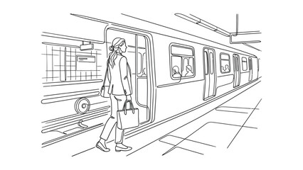 Fototapeta premium continuous line art A women stepping off a city train.