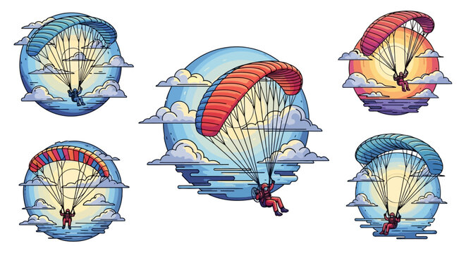 Vibrant collection of illustrated paragliders soaring through diverse skies, capturing the exhilaration of extreme sports and the boundless freedom of flight adventure