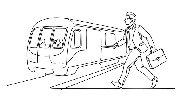 continuous line art Man in a suit boarding a train.