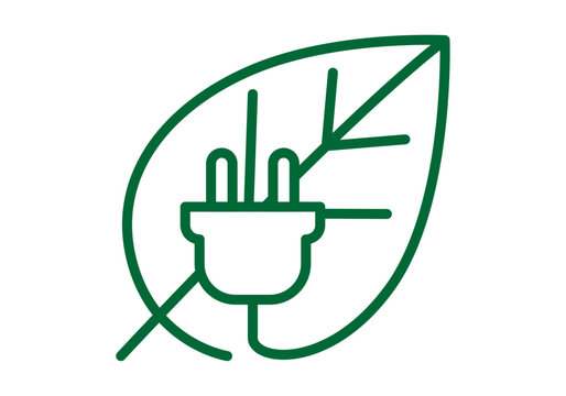 Icono de enchufe el&eacute;ctrico dentro de una hoja verde que representa energ&iacute;a limpia