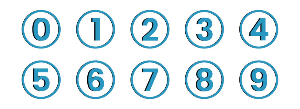 Set of blue circle frames with numbers from zero to nine isolated on transparent background vector illustration for educational posters counting materials and graphic design projects for children.