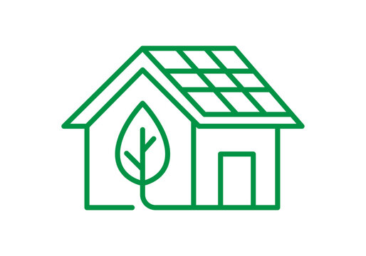Icono de l&iacute;nea verde que muestra una casa sostenible con una hoja y paneles solares