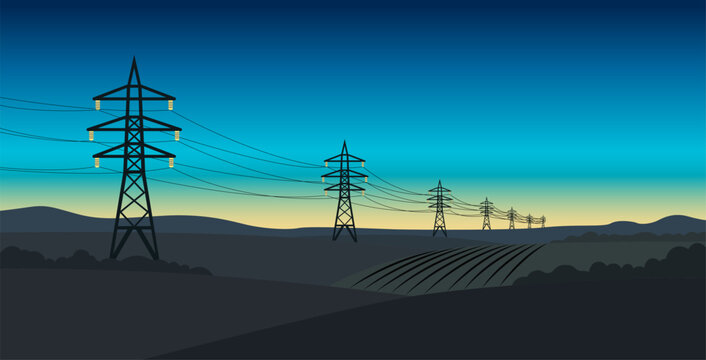 Torres de alta tensi&oacute;n y l&iacute;neas el&eacute;ctricas atravesando un paisaje rural al amanecer