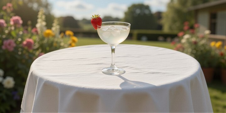 A single coupe glass filled with a pale cocktail garnished with a fresh strawberry sits on a garden table surrounded by vibrant flowers under bright midday sunlight in a