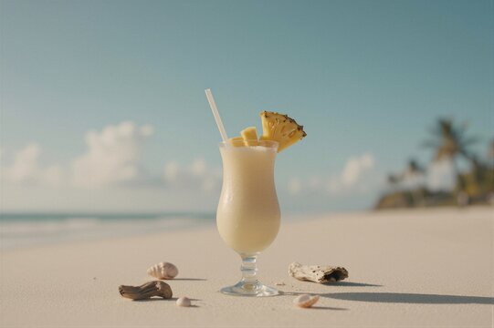 A tall stemmed glass filled with a creamy yellow tropical cocktail garnished with a pineapple wedge and clear plastic straw sits on light beige sand under a clear blue sky.