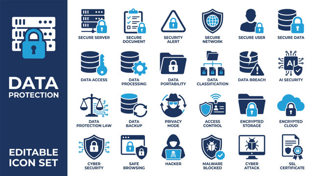Data protection icon set. featuring cyber security, encrypted storage, privacy, and network safety elements in blue flat style for cloud computing and information technology.