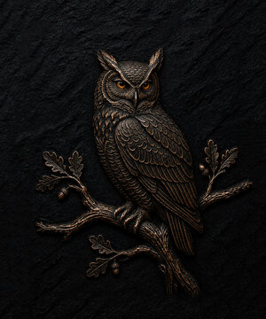 3D Bas-relief of a majestic owl perched on an oak branch with acorns on black stone background.
