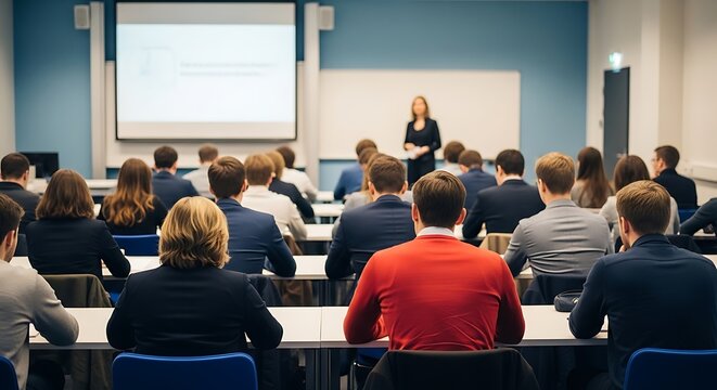 Diverse group of people attending a business presentation in a modern classroom setting