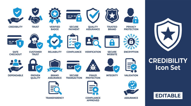credibility and trust icon set. Vector symbols for secure payment, quality assurance, brand reliability, compliance, and web safety.