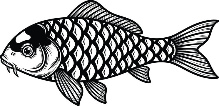 Detailed Black and White Koi Carp Fish Illustration Hand Drawn Vector Engraving Style Isolated on White Background for Tattoo Design