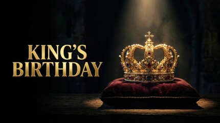 King's Birthday celebration banner, golden royal crown on velvet pillow, majestic monarchy concept with dramatic spotlight and elegant typography