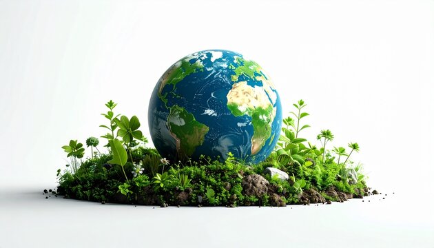 Earth globe on green grass and plants for World Environment Day eco friendly concept