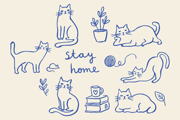 Naklejka premium Cats Stay Home Naive Blue Ink Sketch Set Vector