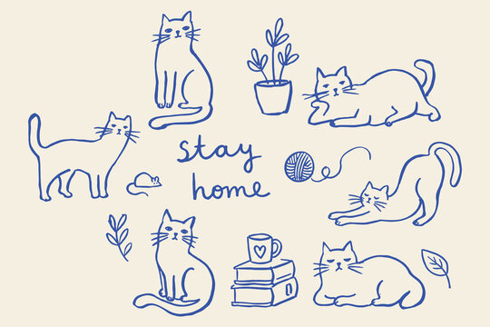 Cats Stay Home Naive Blue Ink Sketch Set Vector