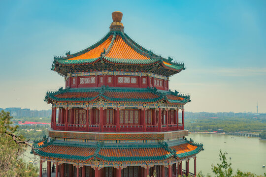  Imperial Tower of Buddhist Incense at Summer Palace in Beijing with copy space