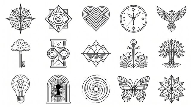 Collection of geometric line art icons featuring mystical symbols and esoteric elements perfect for modern branding and spiritual design projects