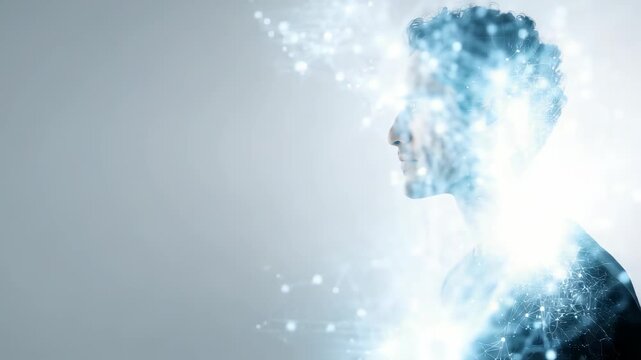 A confident male profile merges with glowing digital connections, representing the synergy between human intelligence and advanced technology. Modern visualization of AI and innovation trends