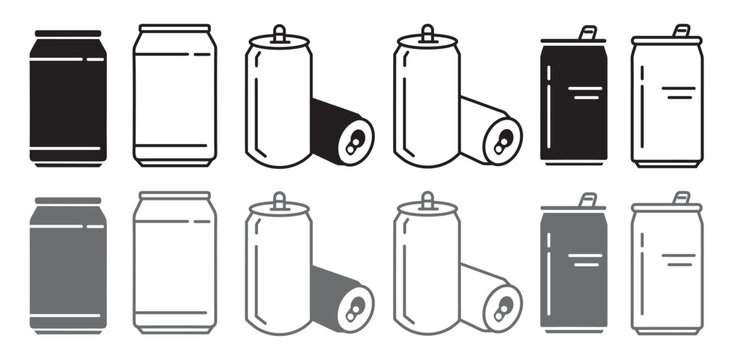 Aluminum soda can icons set. Minimalist linear and silhouette vector designs