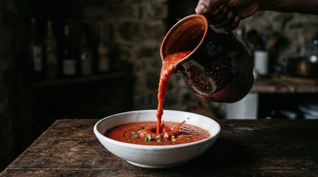 hand pouring homemade gazpacho into bowl on wooden table