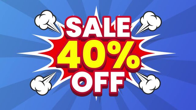 Sale 40 percent off text with pop art animation isolated on comic background