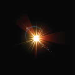 Fototapeta premium Abstract lens flare light effect on black background, vector transparent sunlight design, bright star burst.