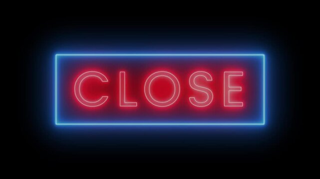 Glowing neon close text animation isolated on black background