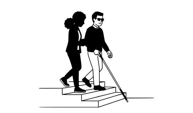 Person assisting visually impaired individual with white cane on steps accessibility support vector illustration isolated on white background