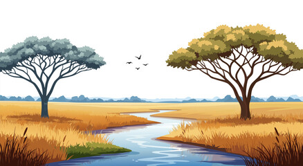 African savanna landscape vector illustration with a winding river and trees, perfect for nature and travel themes © Purnomo