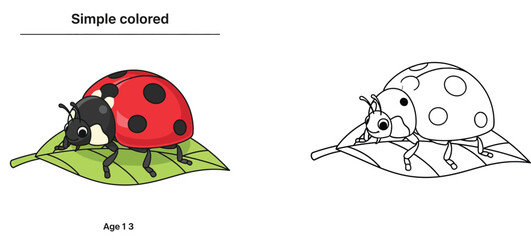 Simple Ladybug Coloring Page for Toddlers Ages 1-3. Cute cartoon insect on a leaf vector illustration with color guide and line art for early learning kids activity book. © MSTA
