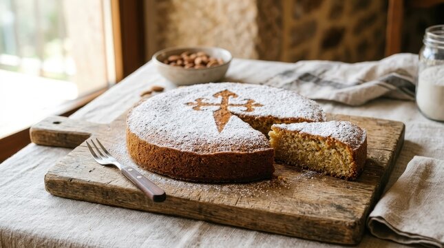 Delicious Tarta de Santiago, a traditional Spanish almond cake, served on a wooden board with a slice cut out.