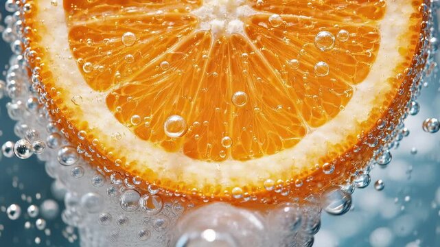Close-up of orange slices submerged in sparkling water with rising bubbles
