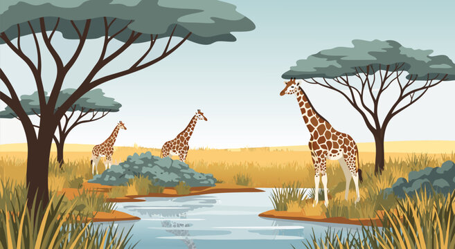 A savanna landscape vector illustration with giraffes drinking water from a lake surrounded by dry grass and acacia trees, depicting African wildlife