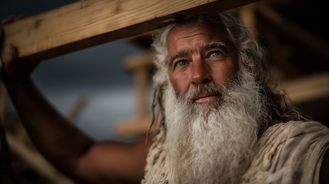 Biblical story, Noah directs the ark&rsquo;s building with enduring faith, his aged strength steady as his sons labor and animals gather beneath a darkening sky that warns of coming judgment.
