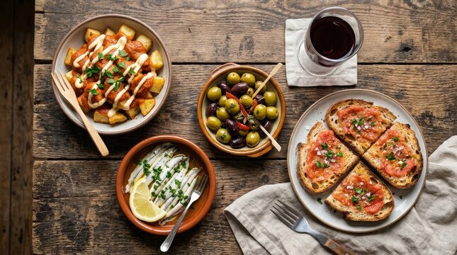 vibrant assortment of spanish tapas including olives, bruschetta, and grilled vegetables in warm natural light, ideal for food blogs, restaurant menus, and lifestyle advertising