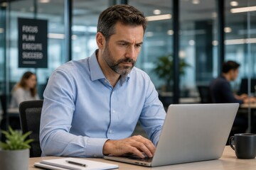 Fototapeta premium Focused businessman working diligently on laptop in a modern office, professional male employee concentrating on digital tasks, corporate productivity and success