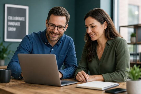 Smiling business colleagues collaborating on a laptop in a modern office, professional team working together, happy coworkers discussing project, productive workplace environment.