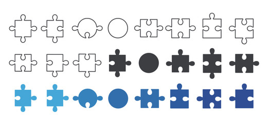 Naklejka premium Collection of puzzle pieces and circles in outline solid gray and blue jigsaw puzzle round