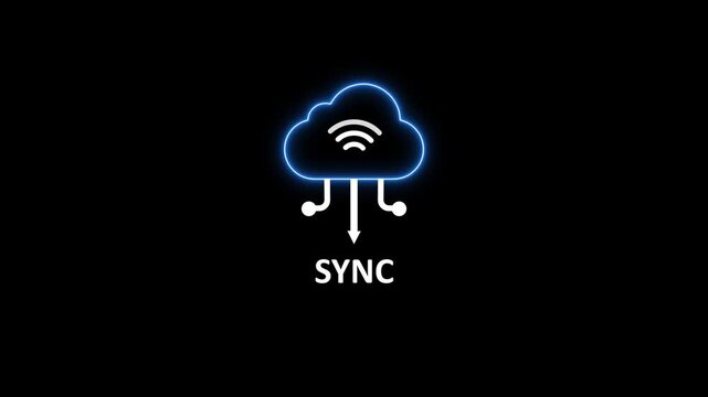 Cloud sync animation with glowing effect, wireless connectivity for technology concepts
