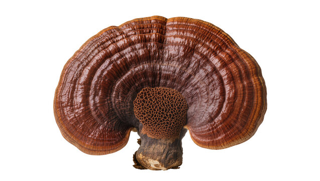 Glossy brown Reishi mushroom with textured pores, isolated on transparent background