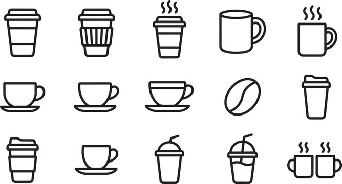 Set of coffee icons including takeaway cups mugs beans lattes espressos drinks caffeine morning beverage concepts design.