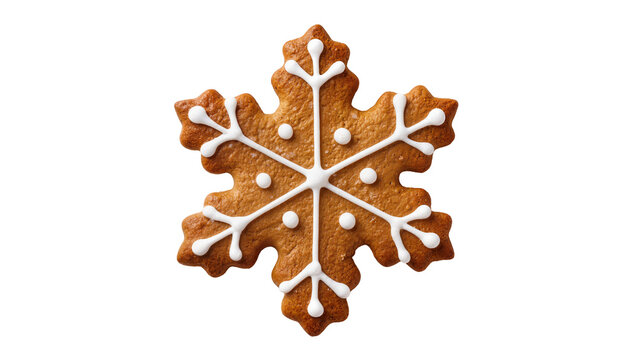 Gingerbread snowflake cookie with white icing decoration, isolated on transparent background